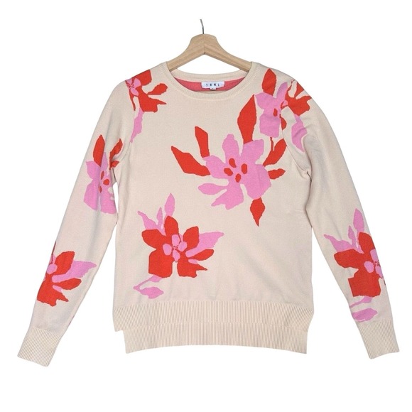 THML Pink Orange Floral Sweater Womens Small Cream Pullover Knit Long Sleeve - Picture 2 of 11